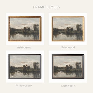 May include: Four framed landscape paintings with different frame styles. The frames are labeled Ashbourne, Briarwood, Willowbrook, and Elmsworth. The paintings depict a river scene with trees and a cloudy sky. The text "FRAME STYLES" is at the top.