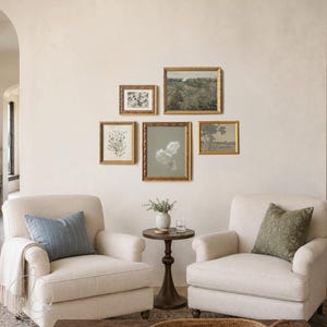May include: Two beige upholstered armchairs with a blue striped cushion and a green floral cushion, separated by a dark wood pedestal table with a small white vase. Five framed art prints with gold frames are arranged on the wall above them.