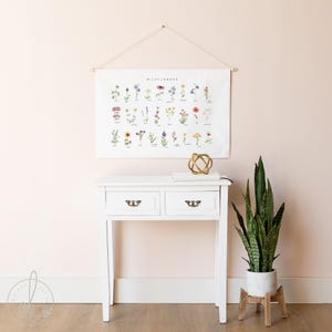 May include: A white console table with two drawers and brass hardware is positioned beneath a wall hanging that reads "Wildflowers." A gold decorative sphere and a potted snake plant on a wooden stand complete the scene.
