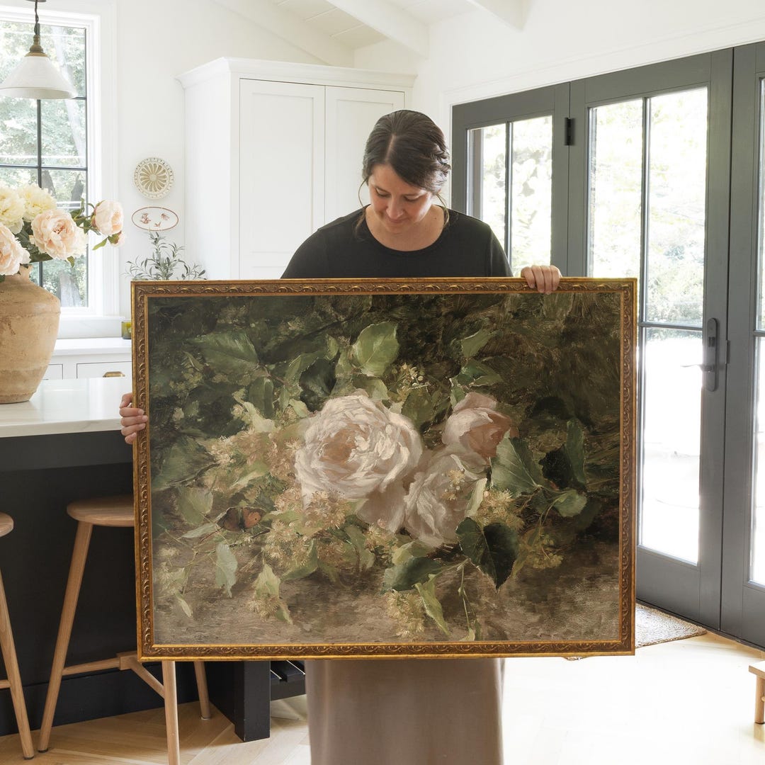 Rose Still Life Wall Art | Moody Vintage Floral Canvas Print | Framed ...