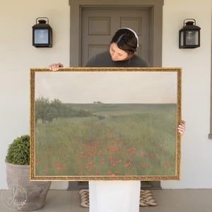 Poppy Field Painting | Large Wall Art | Vintage Landscape Art | N39