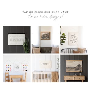 May include: A collection of home decor items, including canvas wall hangings with inspirational quotes and children's educational posters. The image also features framed artwork and a crib with a personalized name banner. The text reads: "TAP OR CLICK OUR SHOP NAME to see more designs!"