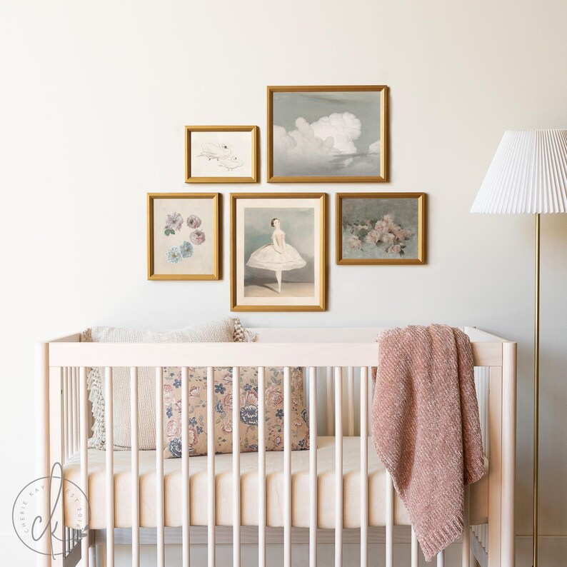 Vintage Nursery Art Collection | Framed or Unframed Gallery Wall Art | Ballerina, Clouds, and Floral Prints | Elegant Decor for Nursery | G4 image 5