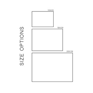 Size options chart showing three canvas sizes: 13x20, 19x29, and 26x39 inches, drawn to scale on a white background.
