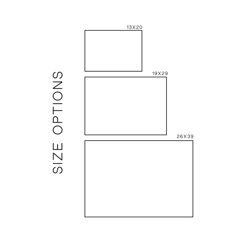 Size options chart showing three canvas sizes: 13x20, 19x29, and 26x39 inches, drawn to scale on a white background.