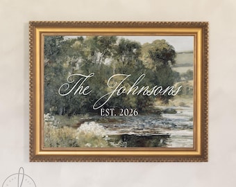 Personalized Last Name Sign | Vintage Landscape Framed Canvas | Wedding Gift for Couple | N150