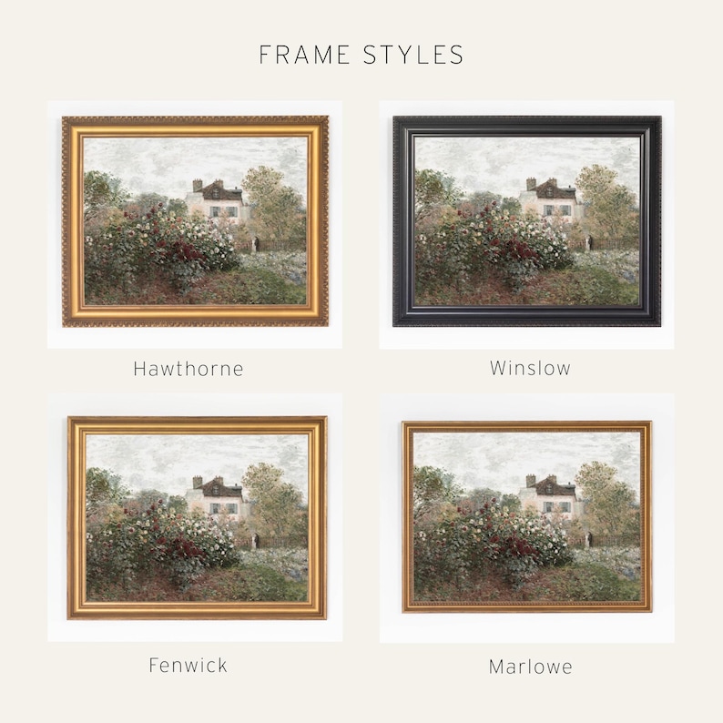 May include: Four framed art prints demonstrating frame styles: Hawthorne (gold), Winslow (black), Fenwick (gold), and Marlowe (gold). Each print displays a landscape painting of a house and garden, with the text "FRAME STYLES" at the top.