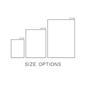May include: Three different size options for a print, with the measurements listed in inches. The sizes are 13x18, 20x28, and 27x38.