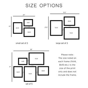 May include: Diagram showing size options for framed prints. Includes a small set of 3, a large set of 3, and a set of 5, with dimensions in inches. Text indicates the print size does not include the frame.