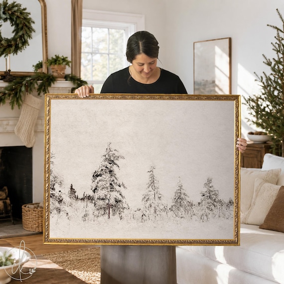Winter Wall Art | Framed Snowy Landscape | Gold Frame Holiday Decor | N222