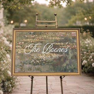 Wedding Easel Sign | Personalized Monet Water Lilies Canvas | Gold Framed Welcome Decor for Ceremony | N163