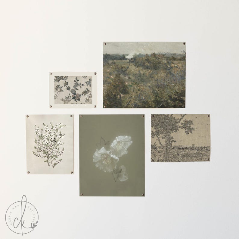 May include: A collection of five rectangular wall art prints featuring diverse botanical and landscape illustrations in muted tones of olive green, beige, and charcoal grey, each secured to the wall with small metallic fasteners at the corners.