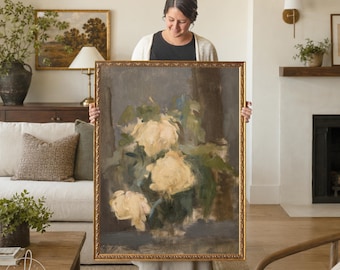 May include: A rectangular wall art piece featuring an impressionistic oil painting of pale yellow flowers against a dark, moody background. The artwork is encased in an ornate, textured gold frame with intricate detailing along the edges.