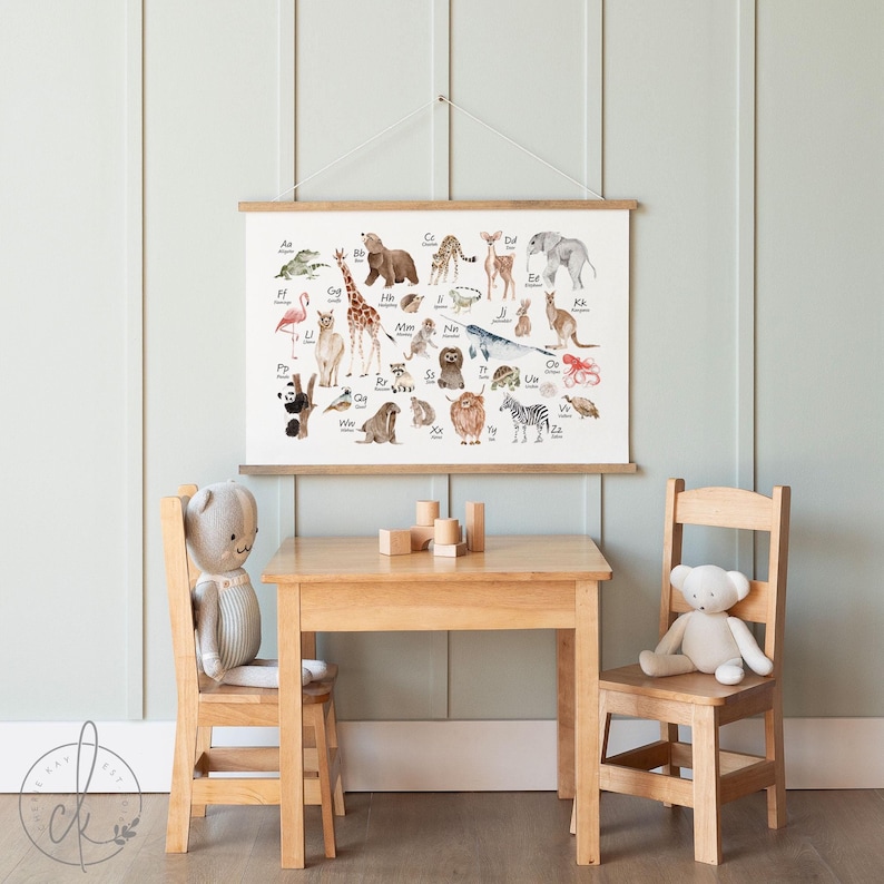 Animal alphabet chart canvas wall hanging with watercolor illustrations of 26 animals from A to Z