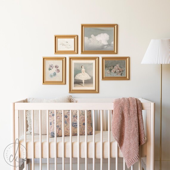 Vintage Nursery Art Collection | Framed or Unframed Gallery Wall Art | Ballerina, Clouds, and Floral Prints | Elegant Decor for Nursery | G4