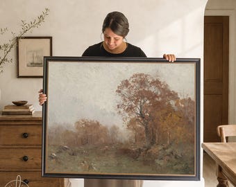 Fall Artwork | Vintage Wall Art of Autumn Trees and an Open Meadow | Landscape Canvas in Black and Gold Frame | N234