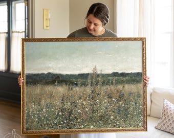 Large Framed Botanical Wall Art | Vintage Landscape Painting | Vintage Wildflower Oil Painting | Living Room Wall Decor | Floral Art | N117