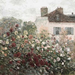 May include: An impressionistic painting of a garden with a house in the background. The garden is filled with red, white, and yellow flowers. The house has a brown roof and light blue shutters. The sky is overcast.