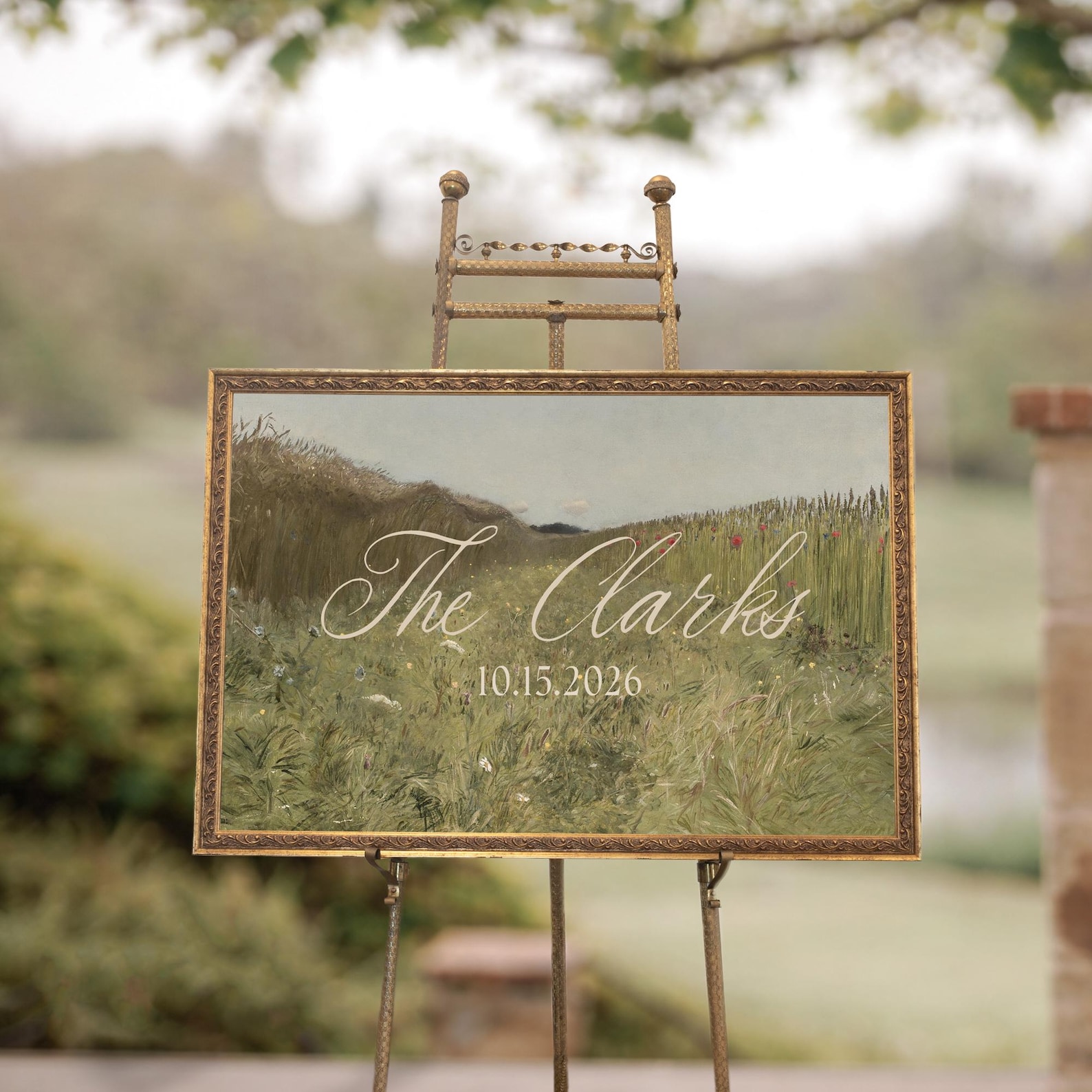Wedding Last Name Sign | Gold Framed Personalized Wildflower Landscape | N156 - Hawthorne, 24 x 36