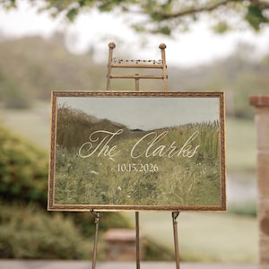 Wedding Last Name Sign | Gold Framed Personalized Wildflower Landscape | N156
