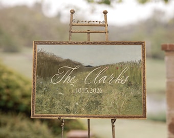 Wedding Last Name Sign | Gold Framed Personalized Wildflower Landscape | N156