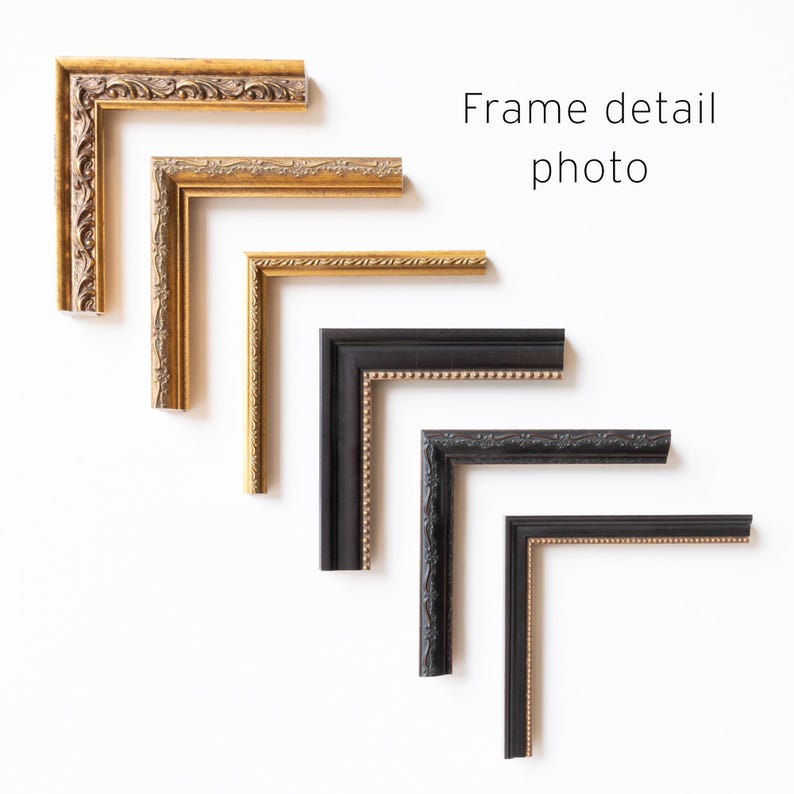 May include: Image showing picture frame corners in gold and black. The frames have decorative detailing and textures. The text "Frame detail photo" is visible. The frames are arranged against a white background.
