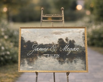 Personalized Wedding Sign | Custom Name Date Wall Art | Gold Frame Landscape Decor | N223