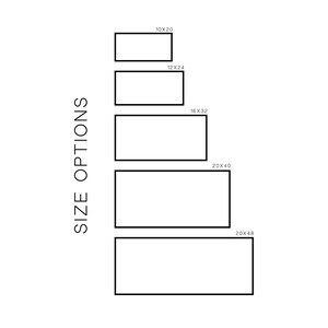Może przedstawiać: Diagram przedstawiający pięć r&oacute;żnych rozmiar&oacute;w prostokątnych ramek, oznaczonych wymiarami w calach: 10x20, 12x24, 16x32, 20x40 i 20x48. Tekst "OPCJE ROZMIARU" jest napisany pionowo po lewej stronie diagramu.