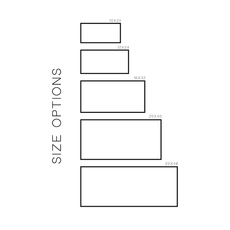 Może przedstawiać: Diagram przedstawiający pięć r&oacute;żnych rozmiar&oacute;w prostokątnych ramek, oznaczonych wymiarami w calach: 10x20, 12x24, 16x32, 20x40 i 20x48. Tekst "OPCJE ROZMIARU" jest napisany pionowo po lewej stronie diagramu.