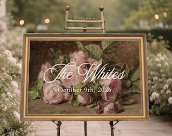 Floral Welcome Sign | Personalized Last Name Wedding Canvas, Vintage Roses, Ornate Gold Frame | Rose Painting Decor | N177