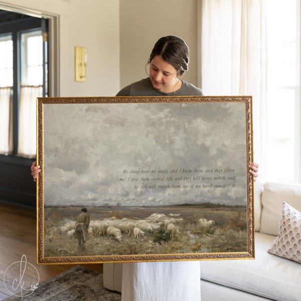 Arte mural cristiano vintage con versículo bíblico de Juan 10 / Pintura de Jesús y ovejas / Decoración con versículo bíblico enmarcado grande / N46