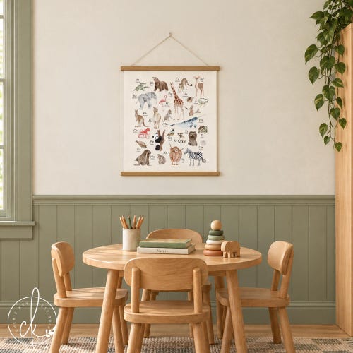 Cuadro decorativo con el alfabeto de animales / Lienzo para colgar en la pared / Decoración para el aula