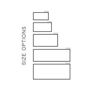 May include: A diagram showing different size options for a product, with measurements in inches. The sizes are 10x20, 12x24, 16x32, 16x48, and 20x48.