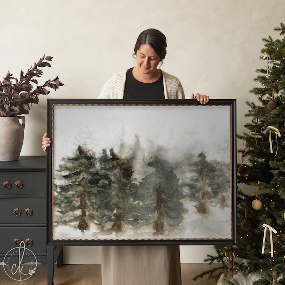 Christmas Wall Art | Winter Watercolor Landscape Painting | Framed Pine Tree Wall Decor | N200