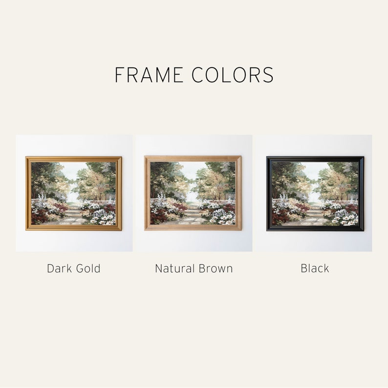 Puede incluir: Tres im&aacute;genes enmarcadas de una pintura que representa un camino de jard&iacute;n con flores y &aacute;rboles. Los marcos se muestran en tres colores diferentes: dorado oscuro, marr&oacute;n natural y negro. El texto "FRAME COLORS" se muestra encima de las im&aacute;genes.