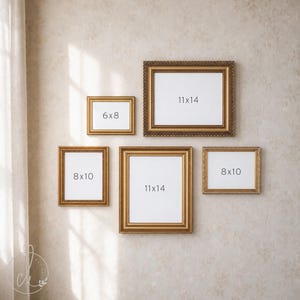 May include: A gallery wall arrangement of five ornate gold picture frames. The frames include one 6x8 inch, two 8x10 inch, and two 11x14 inch sizes. Each frame contains a white insert with its respective dimensions printed in black text.