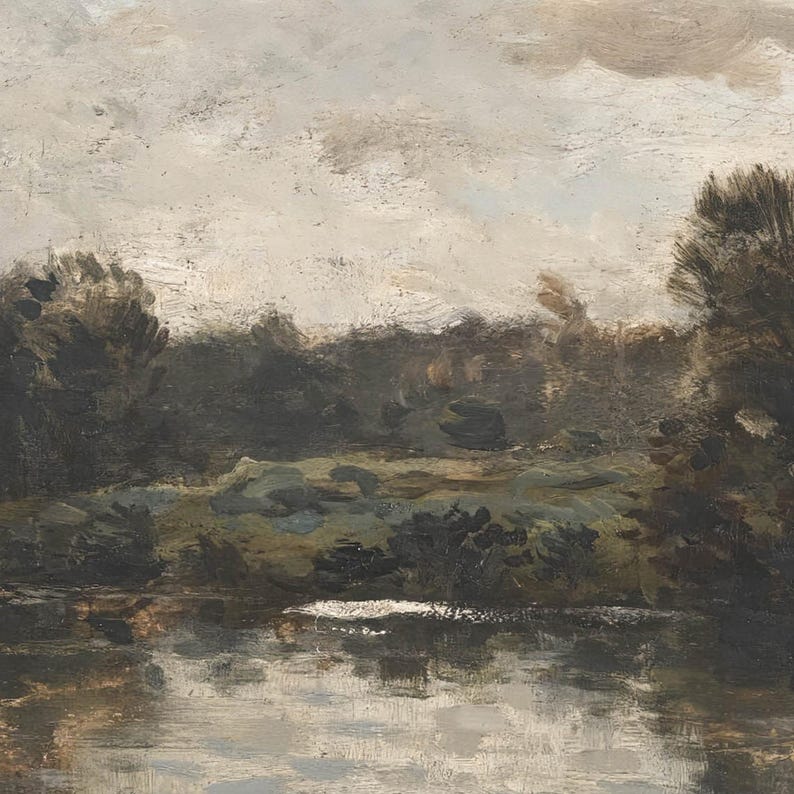 May include: An oil painting depicting a tranquil landscape scene. The artwork features a body of water reflecting the overcast sky and surrounding trees. The color palette is muted, with shades of gray, brown, and green dominating the composition.
