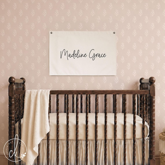 Nursery Name Banner | Baby Girl Canvas Flag | Custom Script Wall Decor | Madeline Grace