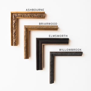 May include: Four decorative picture frame corners in various styles and colors. The frames are labeled "ASHBOURNE", "BRIARWOOD", "ELMSWORTH", and "WILLOWBROOK". The frames are gold, brown, and black.