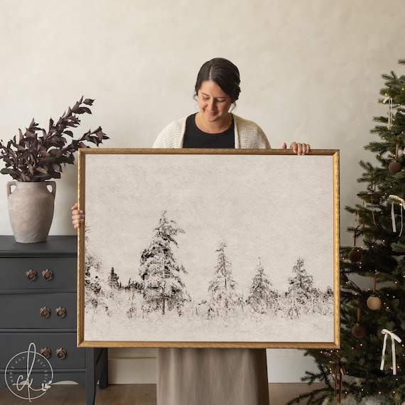 Winter Wall Art | Framed Snowy Landscape | Gold Frame Holiday Decor | N222