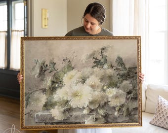 Vintage Botanical Wall Art | Antique Gold Framed Canvas Painting | White Flower Wall Decor | Large Artwork for Living Room Decor | N34