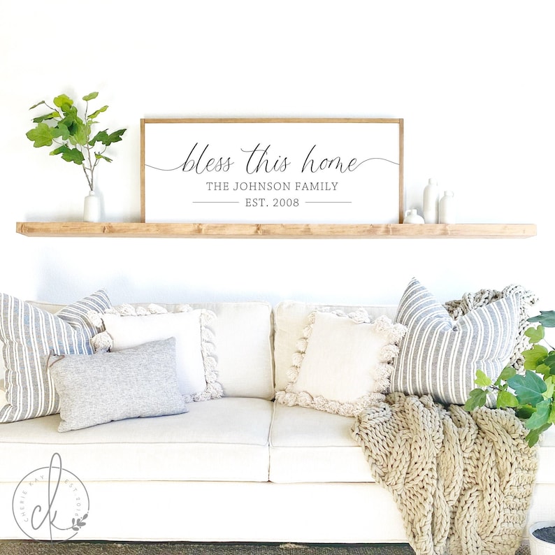family name sign | bless this home sign | last name sign | established sign wood | above couch decor | established family sign