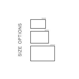 May include: White background with three black-outlined rectangular frames of different sizes. The text "SIZE OPTIONS" is vertically aligned on the left. The frame dimensions are 12x20, 16x24, and 20x32 inches (approx. 30x51, 41x61, and 51x81 cm).
