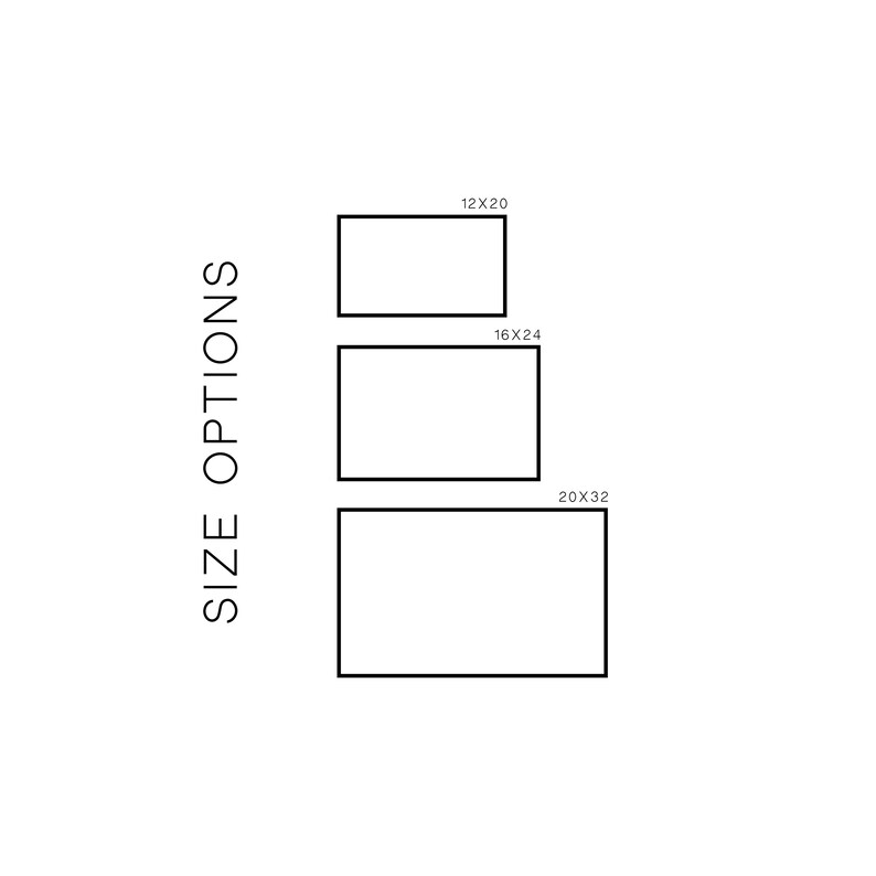 May include: White background with three black-outlined rectangular frames of different sizes. The text "SIZE OPTIONS" is vertically aligned on the left. The frame dimensions are 12x20, 16x24, and 20x32 inches (approx. 30x51, 41x61, and 51x81 cm).