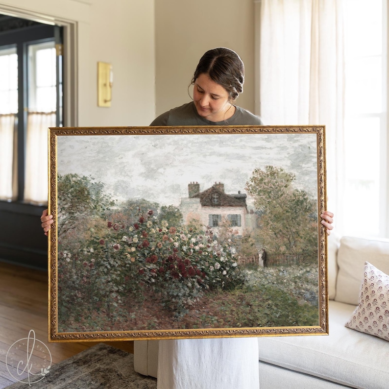 Vintage oil painting of Claude Monet’s French cottage garden framed floral canvas wall art.