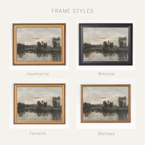 May include: Four framed landscape paintings with different frame styles: Hawthorne (gold), Winslow (black), Fenwick (gold), and Marlowe (gold). Each painting depicts a serene river scene with trees and a cloudy sky. The text "FRAME STYLES" is at the top.