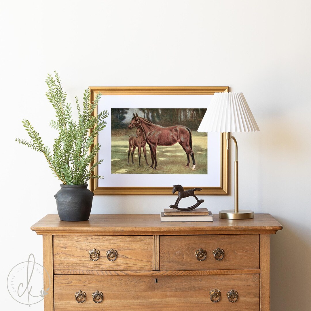 Rustic Horse Design Vintage Horse & Foal Painting | Rustic Equestrian Wall Art | Mid ...