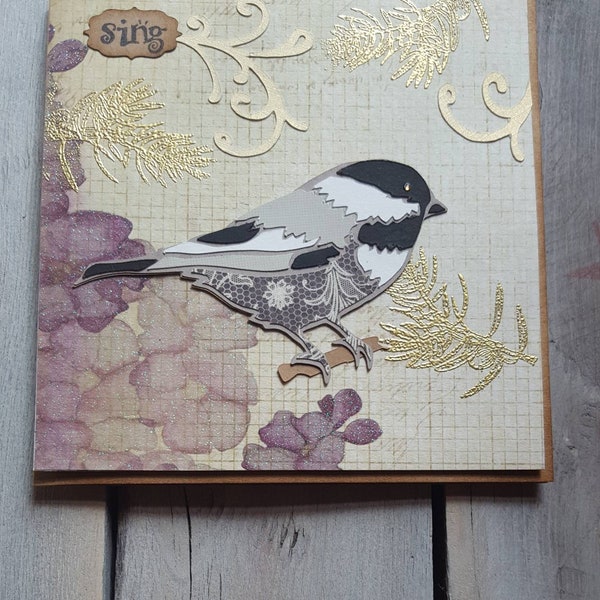 Chickadee Mixed Media Card | Bird Collage Art Card | Paper Lace Pieced Note |  Handcrafted Bird Greeting | All Occasion Chickadee Note Card