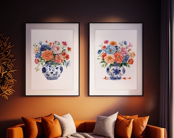 Chinoiserie Art, Chinoiserie Wall Art Set de 2, Jarrón azul y blanco, Estampados de tarros de jengibre, Conjunto de arte de pared floral, Acuarela, ARCHIVOS DIGITALES