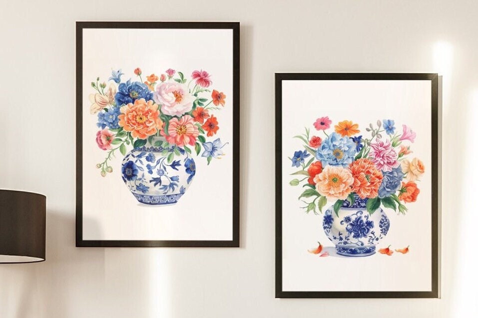 Chinoiserie Art, Chinoiserie Wall Art Set of 2, Blue and White Vase ...